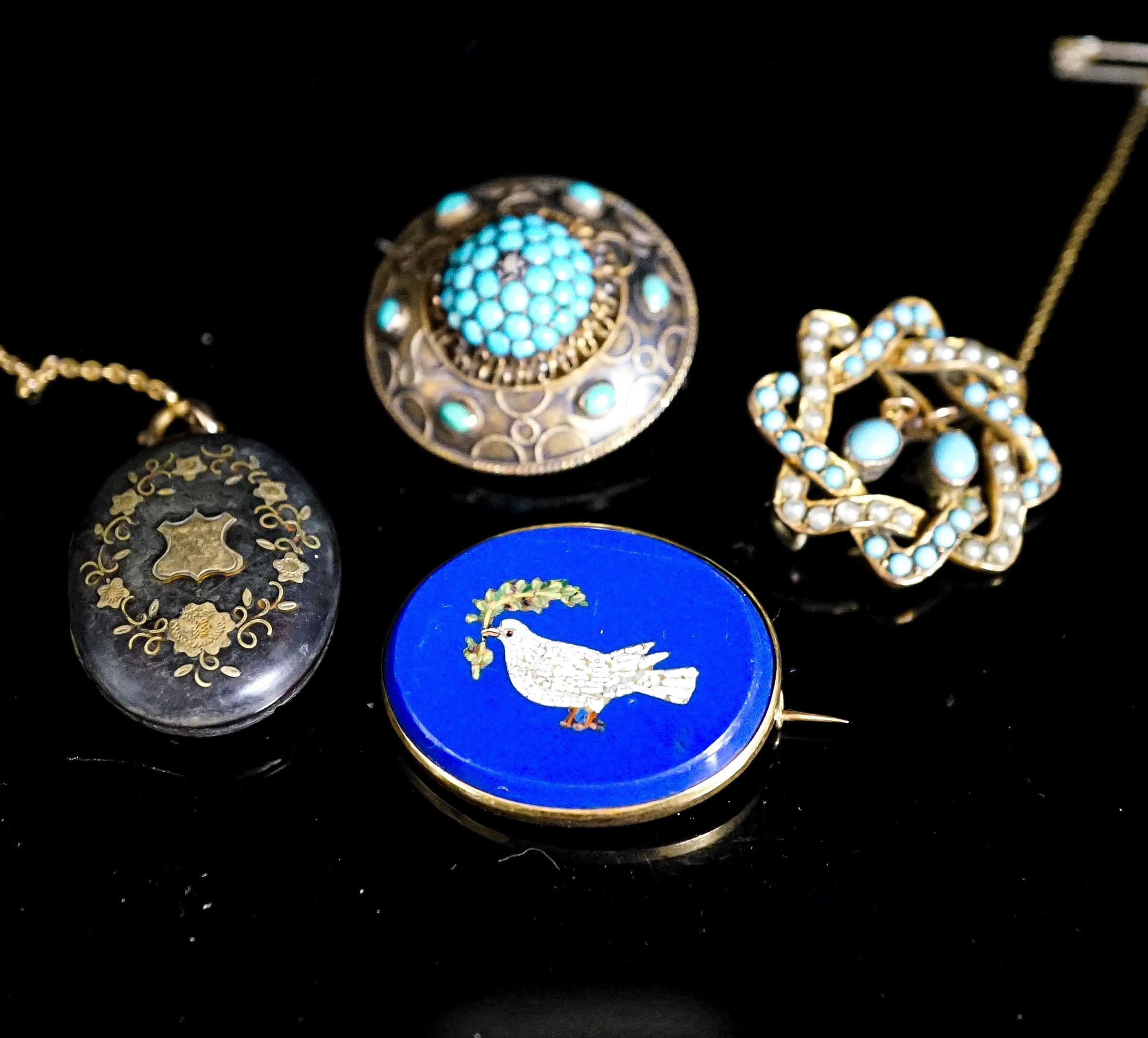 A yellow metal mounted micro mosaic oval brooch, 32mm, a Victorian mourning brooch, one other turquoise and split pearl brooch and a tortoiseshell pique locket on chain.